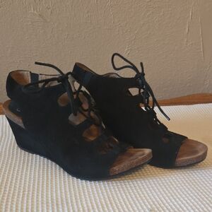 Sofft Black Lace-Up Wedge Sandals